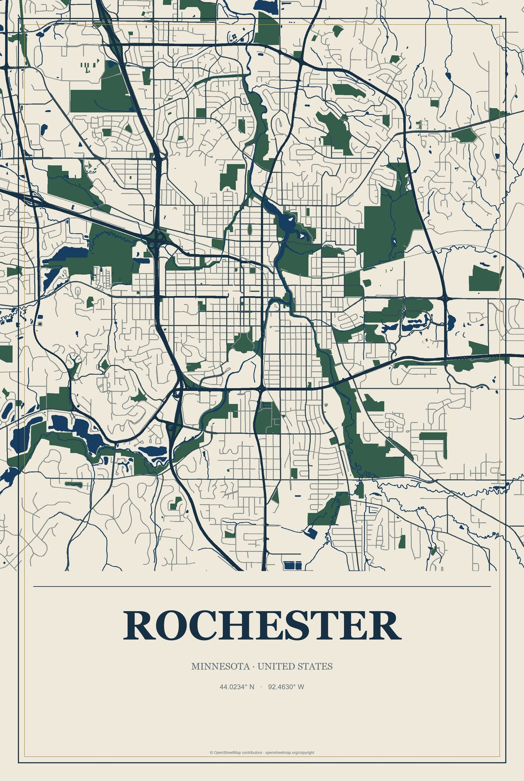 Rochester, Minnesota City Map Aluminum Sign in Coastal Cutout style
