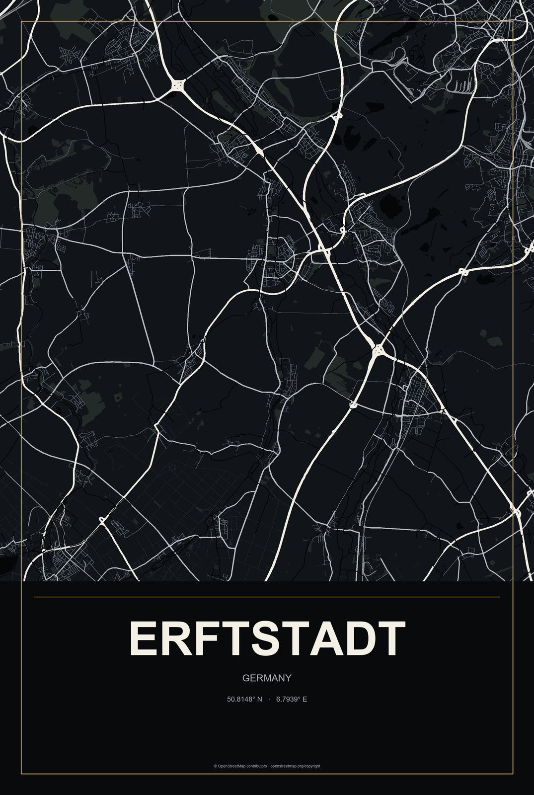 Erftstadt, Germany City Map Aluminum Sign in Metropolitan Noir style