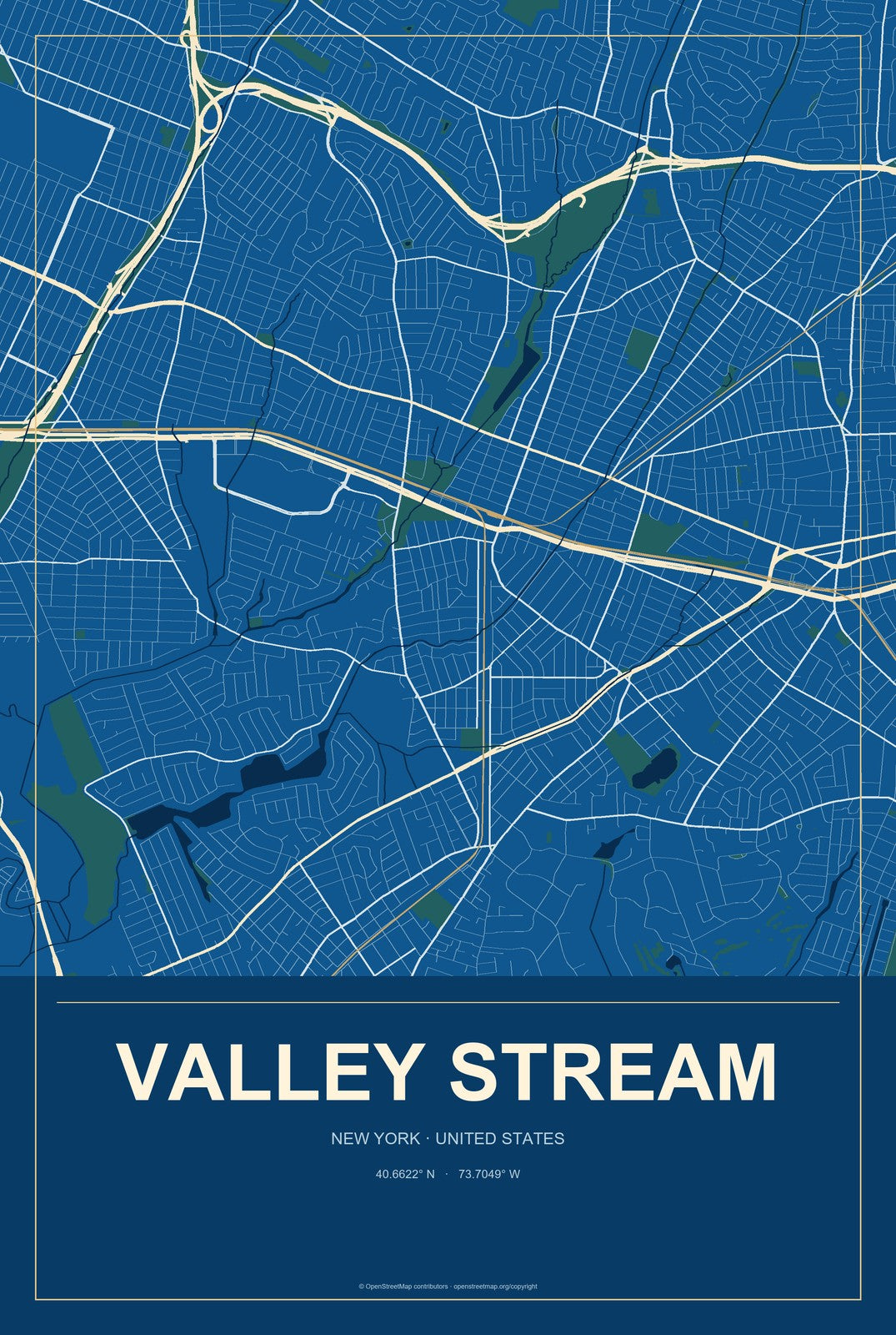 Valley Stream, New York City Map Aluminum Sign in Harbor Cobalt style