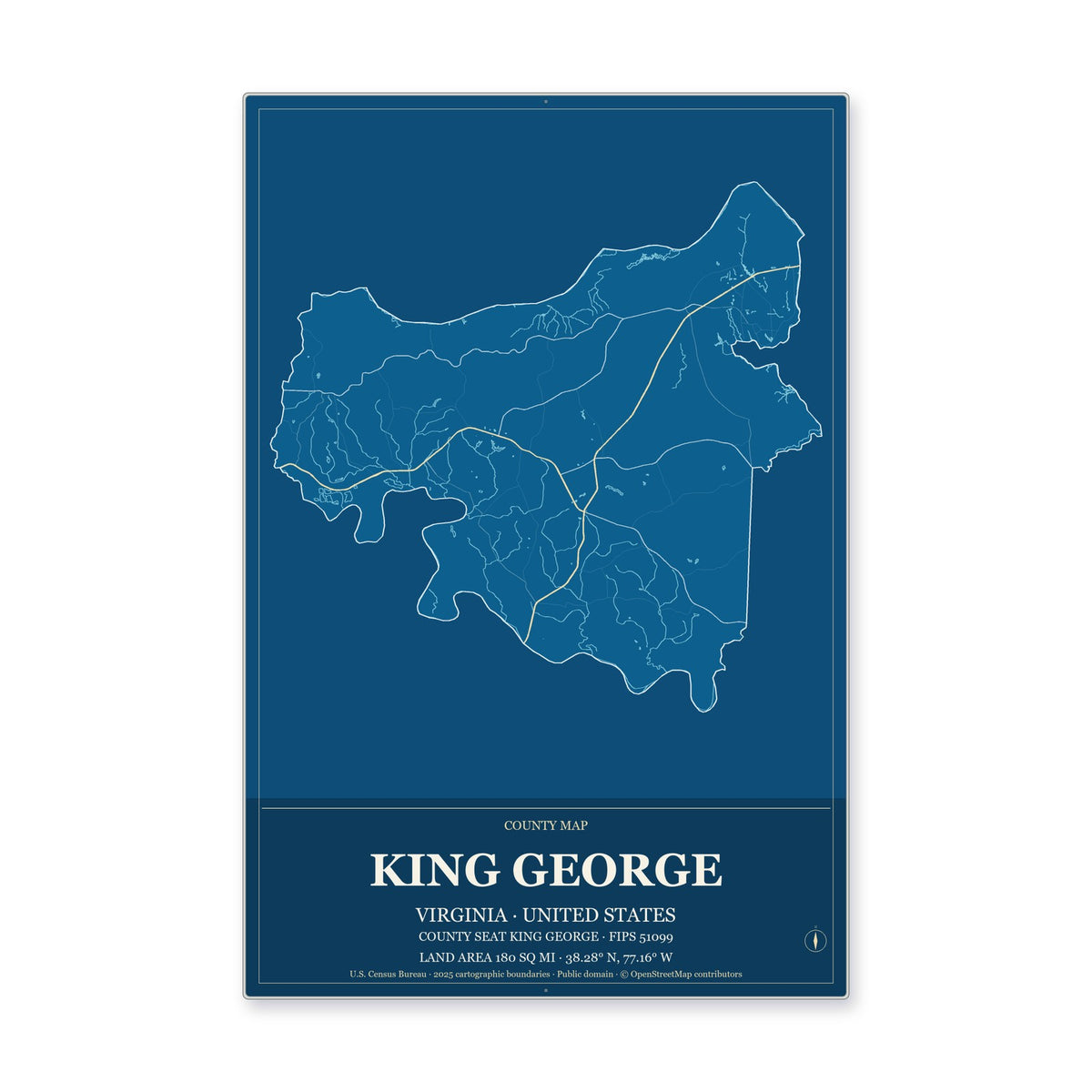 King George County, Virginia Map Aluminum Sign in Harbor Cobalt style
