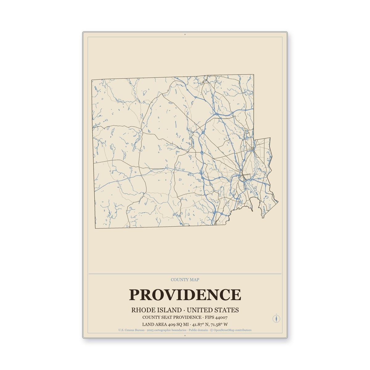 Providence County, Rhode Island Map Aluminum Sign in Heritage Nautical style