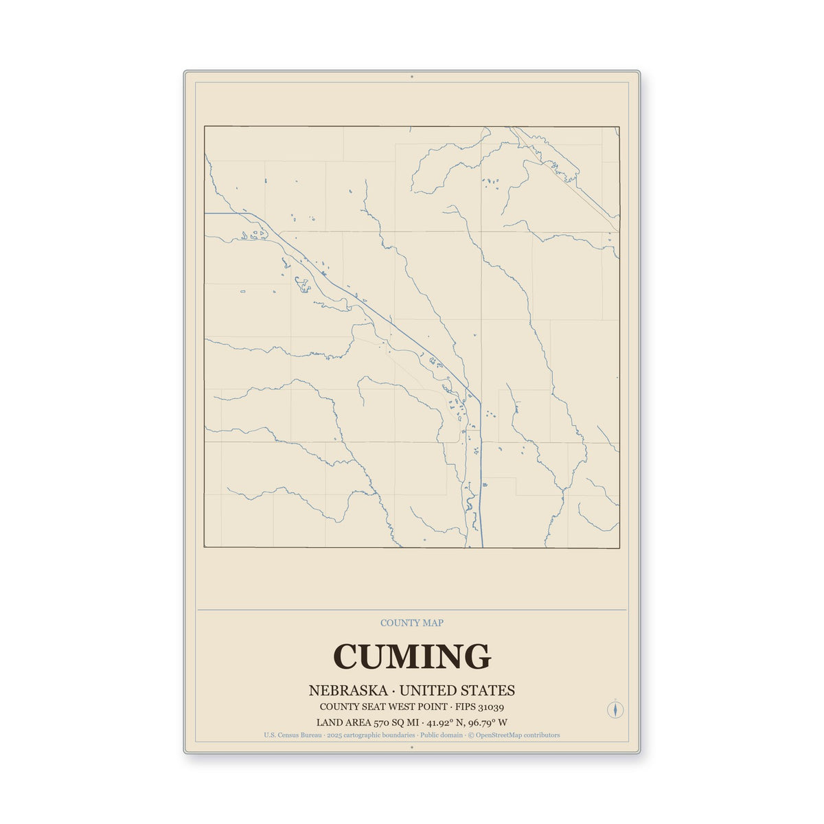 Cuming County, Nebraska Map Aluminum Sign in Heritage Nautical style