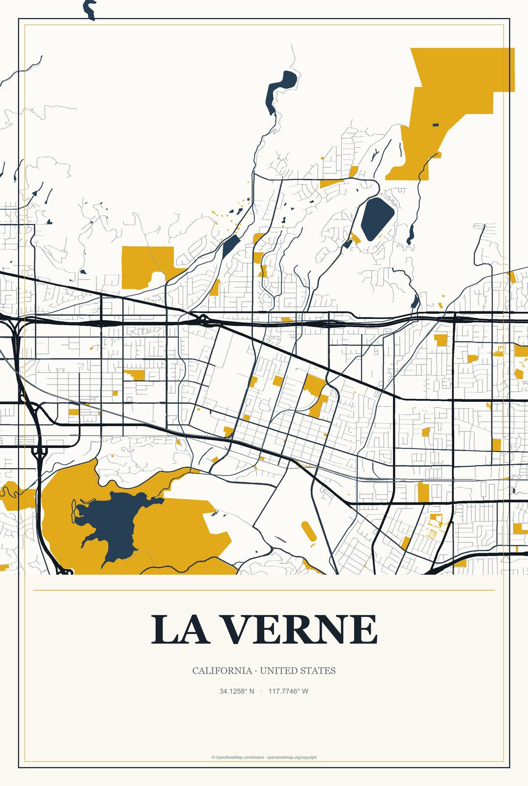 La Verne, California City Map Aluminum Sign in Citrine Modern style
