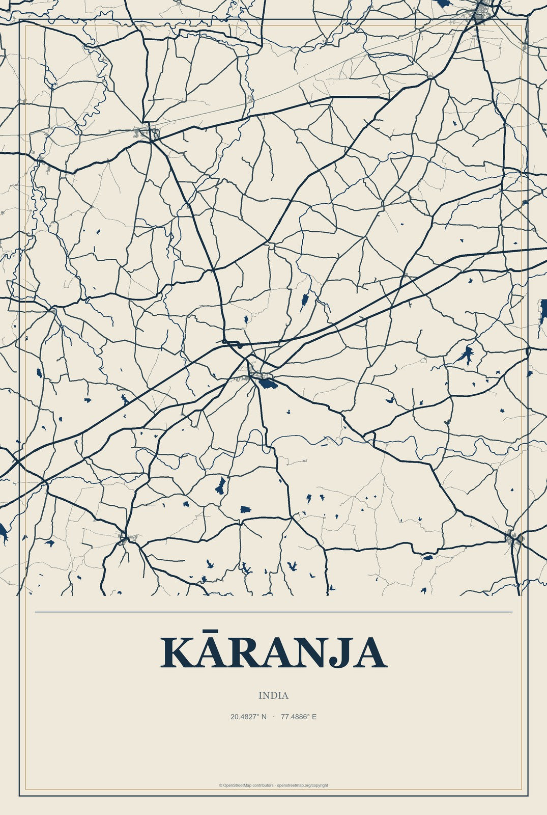 Kāranja, India City Map Aluminum Sign in Coastal Cutout style