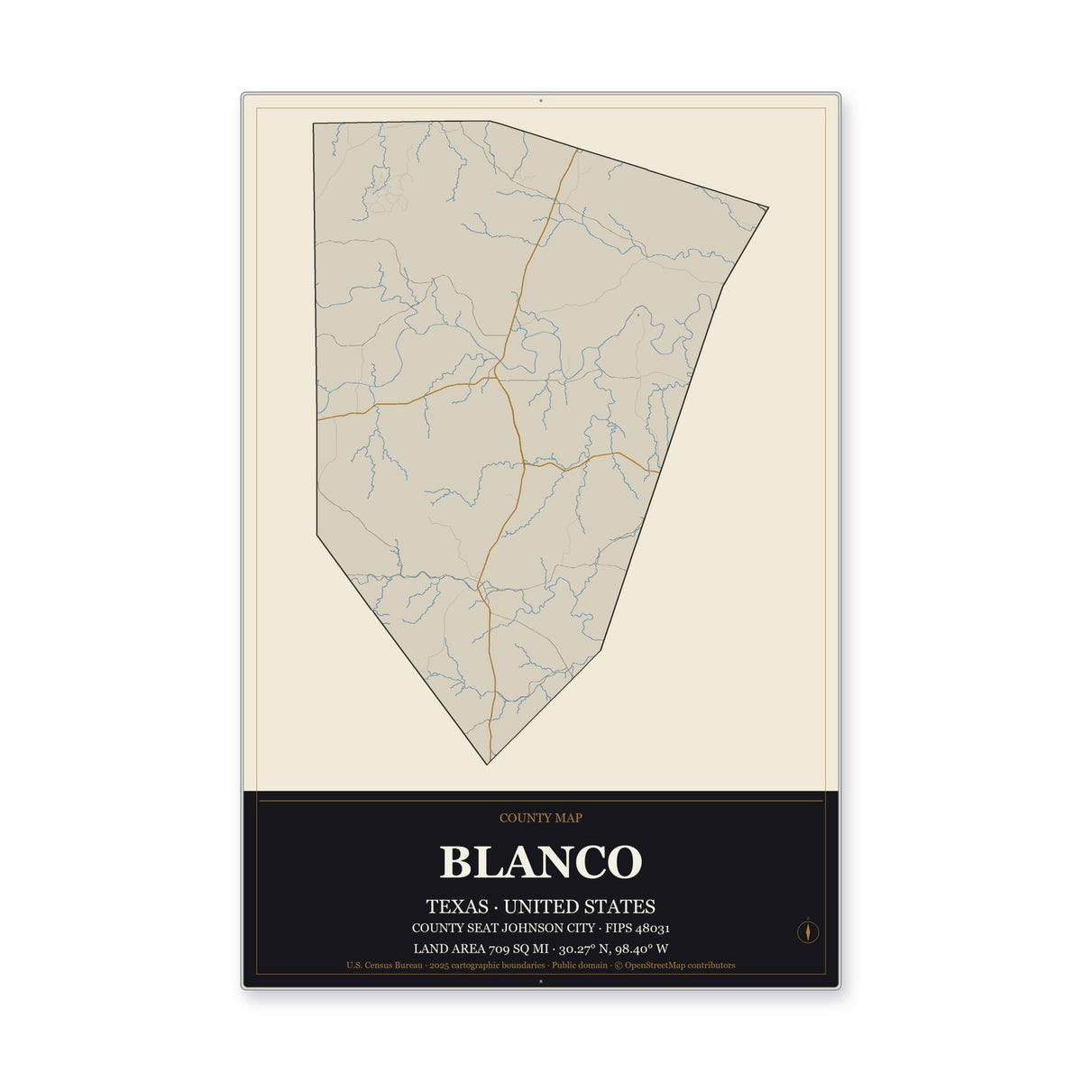 Blanco County, Texas Map Aluminum Sign in Museum Plaque style