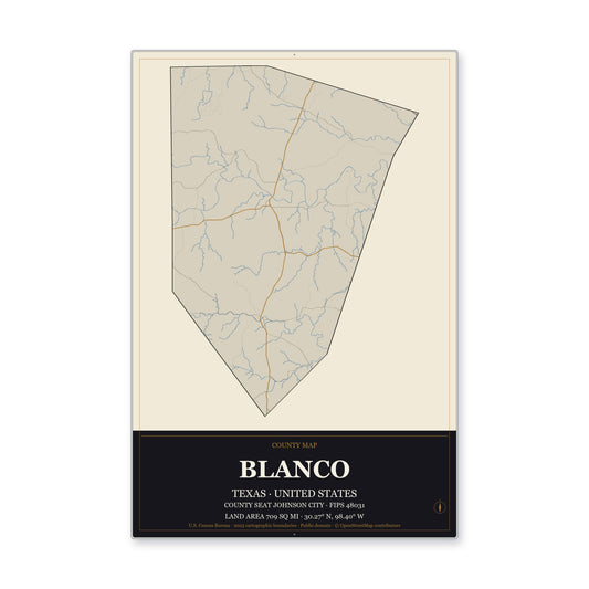 Blanco County, Texas Map Aluminum Sign in Museum Plaque style