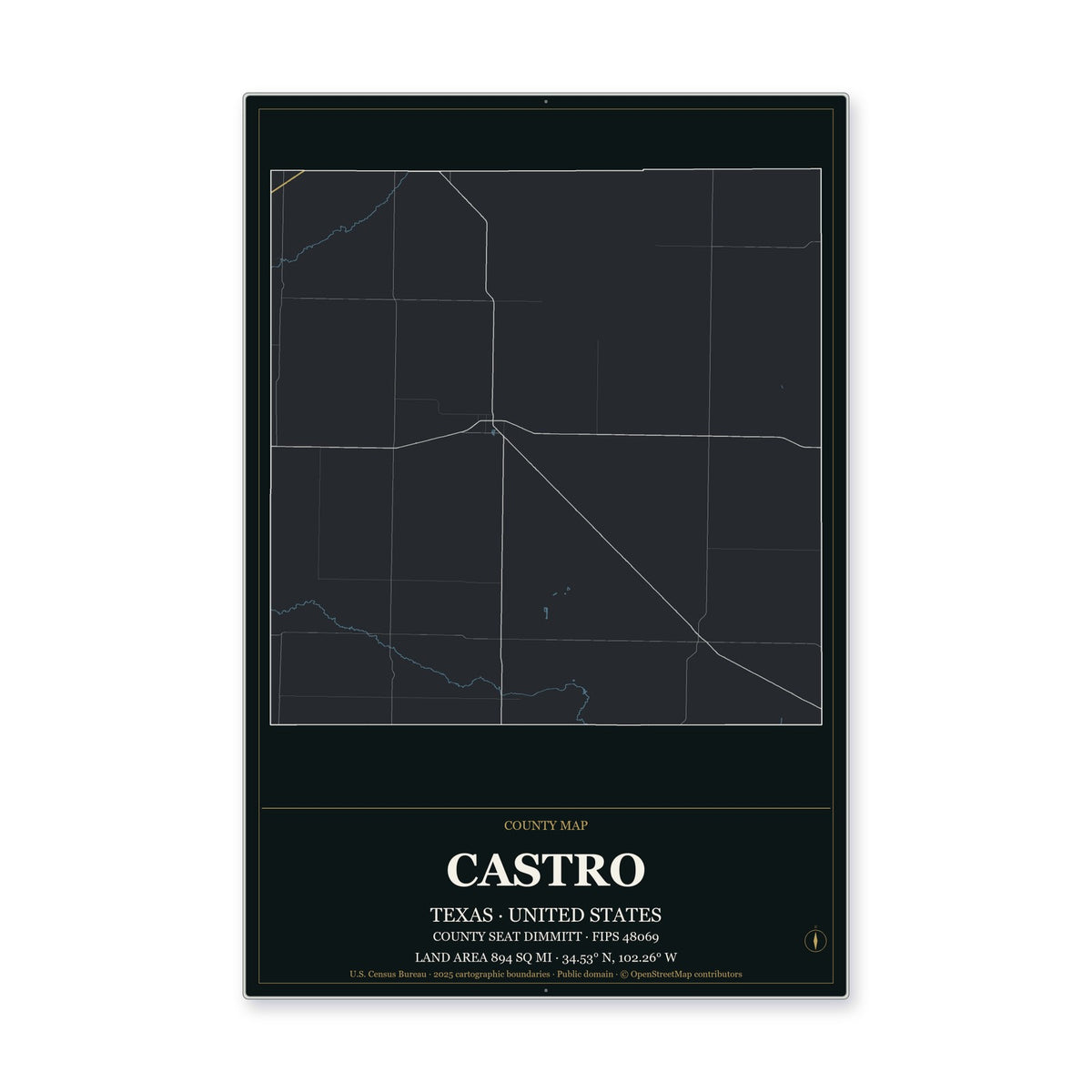 Castro County, Texas Map Aluminum Sign in Metropolitan Noir style