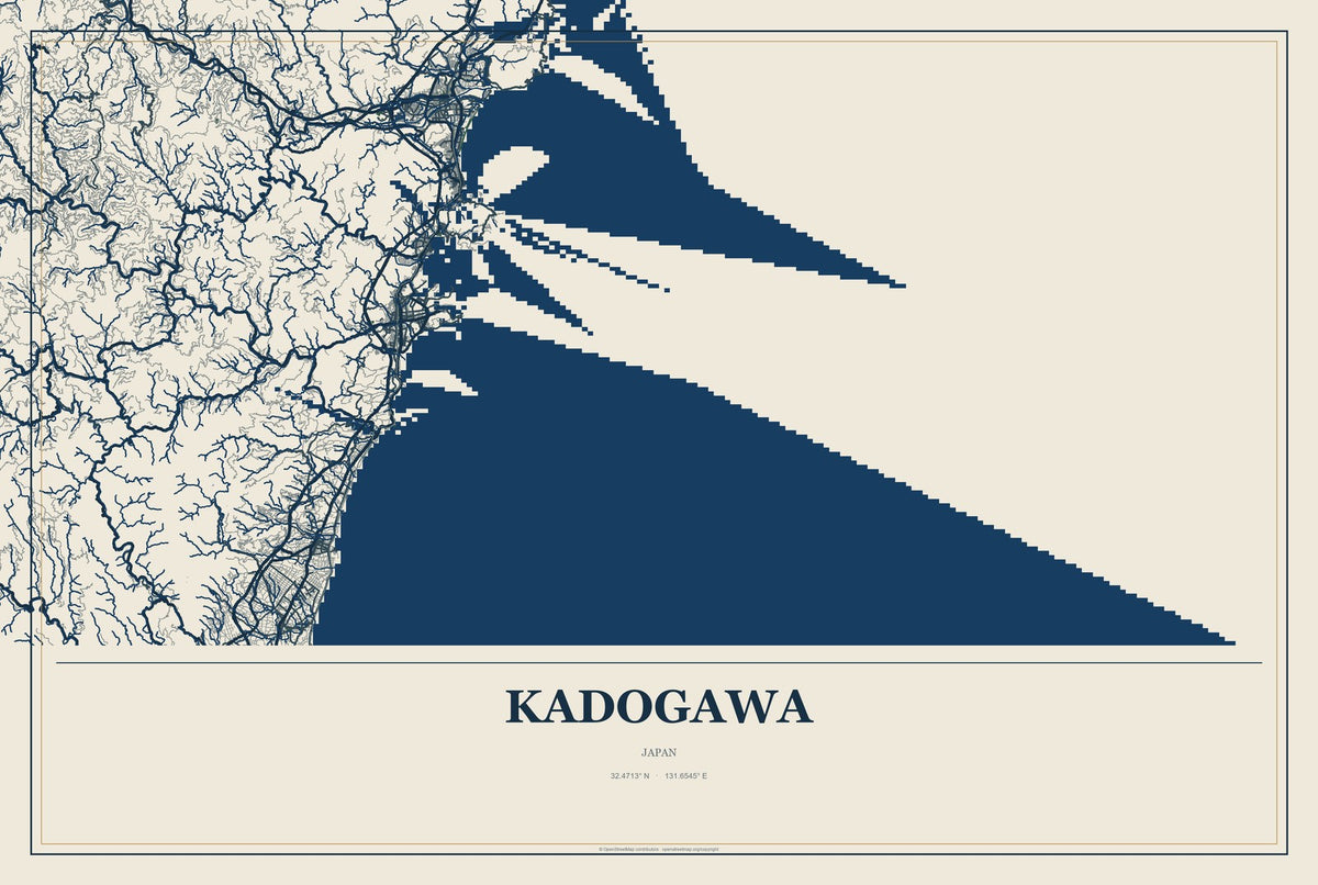Kadogawa, Japan City Map Aluminum Sign in Coastal Cutout style