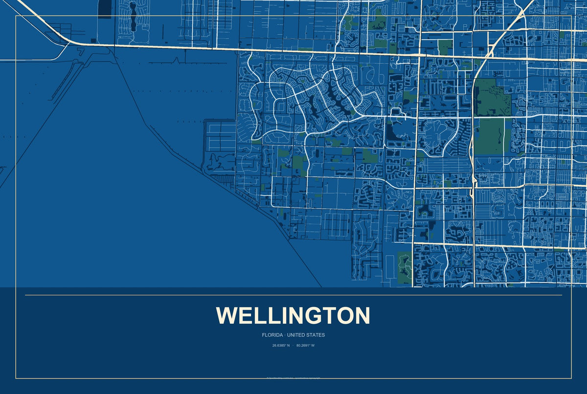 Wellington, Florida City Map Aluminum Sign in Harbor Cobalt style