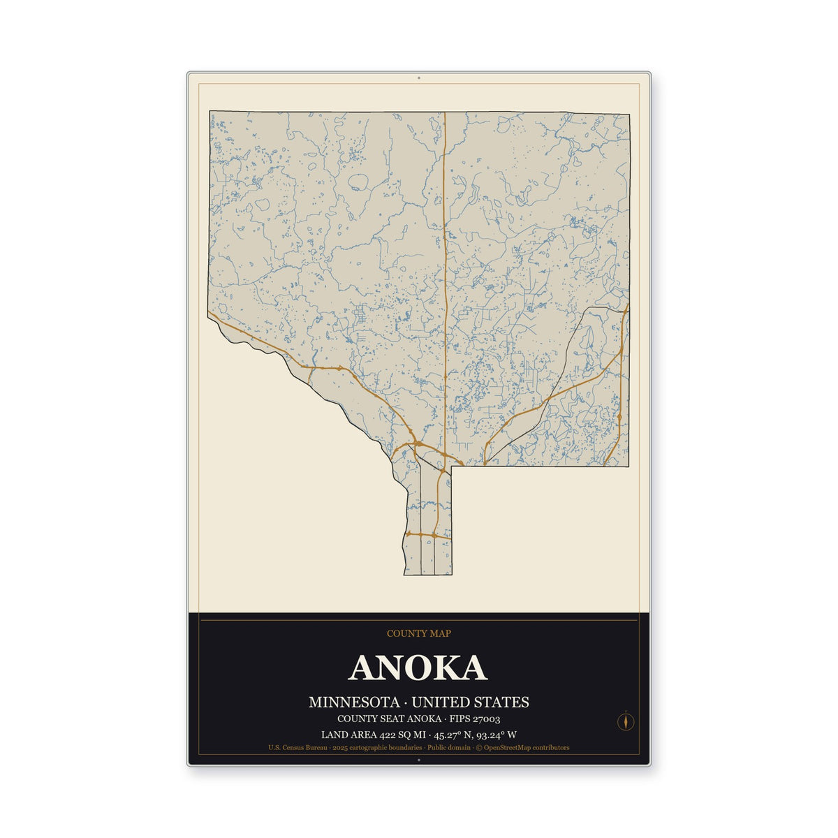 Anoka County, Minnesota Map Aluminum Sign in Museum Plaque style