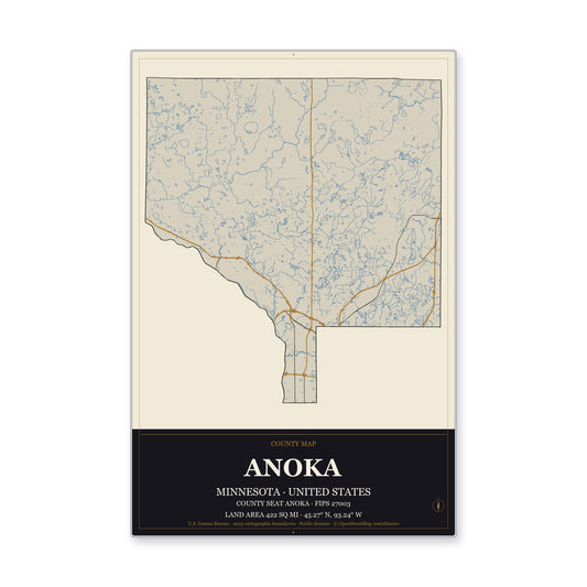 Anoka County, Minnesota Map Aluminum Sign in Museum Plaque style