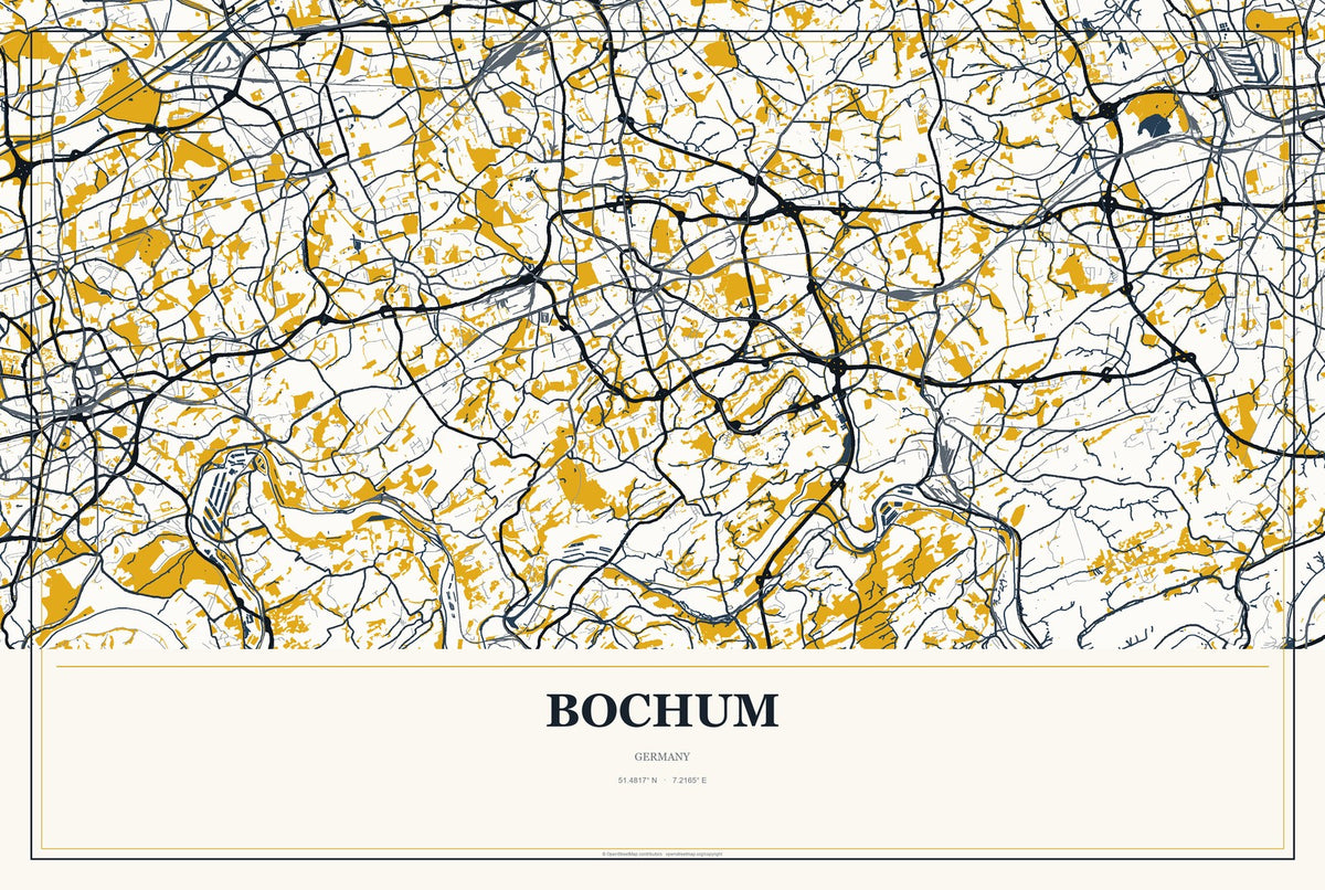 Bochum, Germany City Map Aluminum Sign in Citrine Modern style