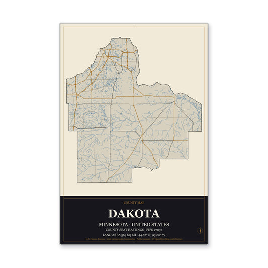 Dakota County, Minnesota Map Aluminum Sign in Museum Plaque style