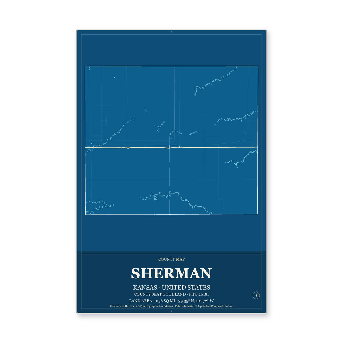 Sherman County, Kansas Map Aluminum Sign in Harbor Cobalt style