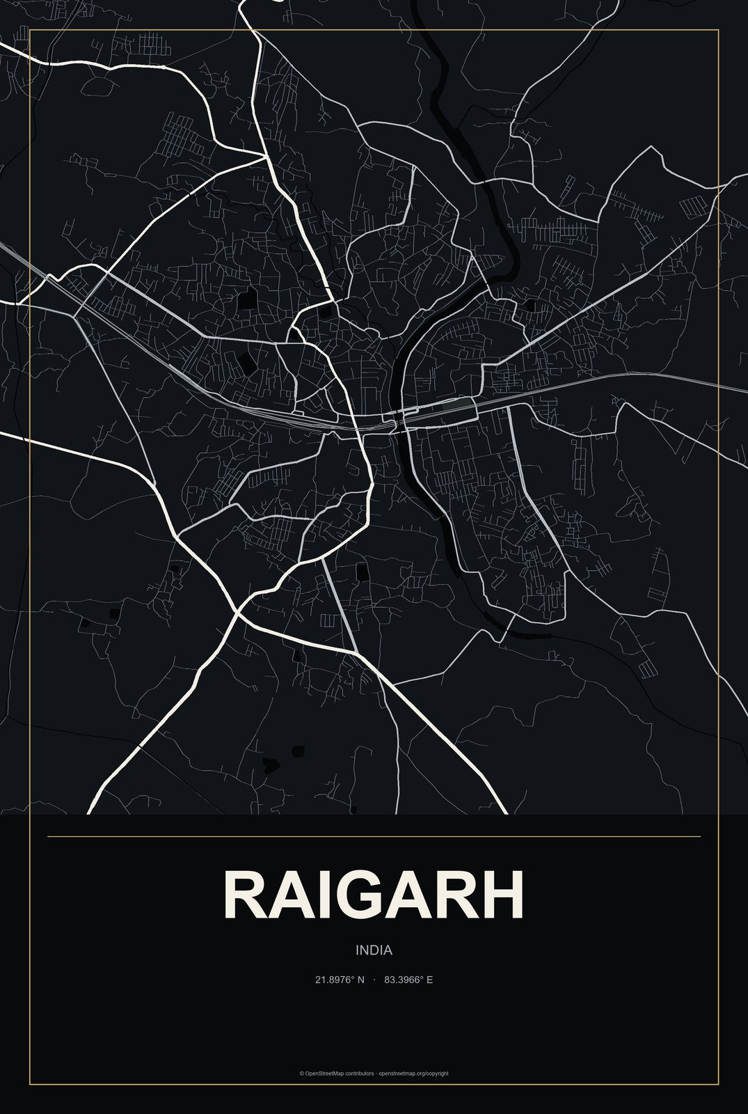 Raigarh, India City Map Aluminum Sign in Metropolitan Noir style