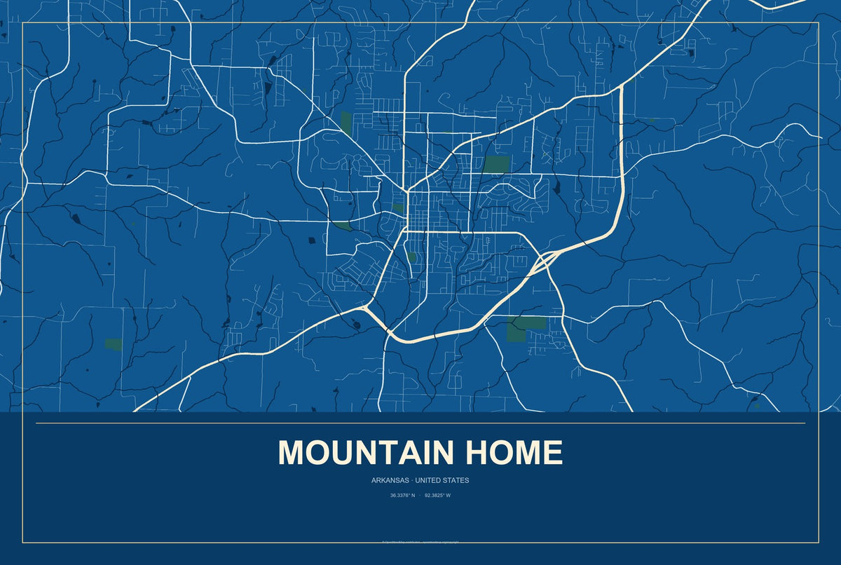 Mountain Home, Arkansas City Map Aluminum Sign in Harbor Cobalt style