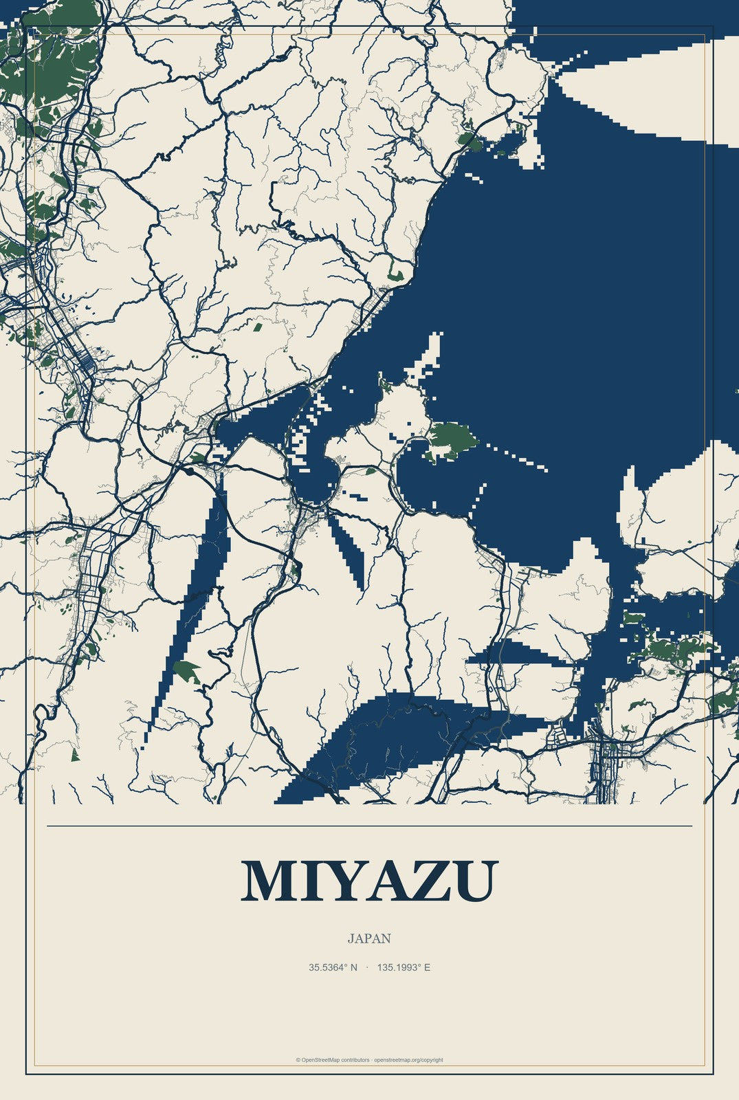 Miyazu, Japan City Map Aluminum Sign in Coastal Cutout style
