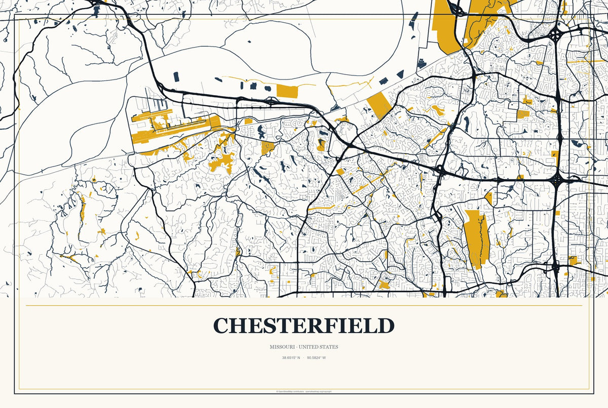 Chesterfield, Missouri City Map Aluminum Sign in Citrine Modern style