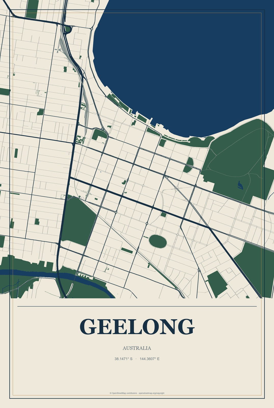 Geelong, Australia City Map Aluminum Sign in Coastal Cutout style