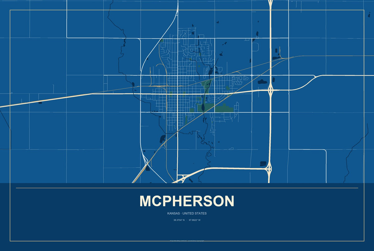McPherson, Kansas City Map Aluminum Sign in Harbor Cobalt style