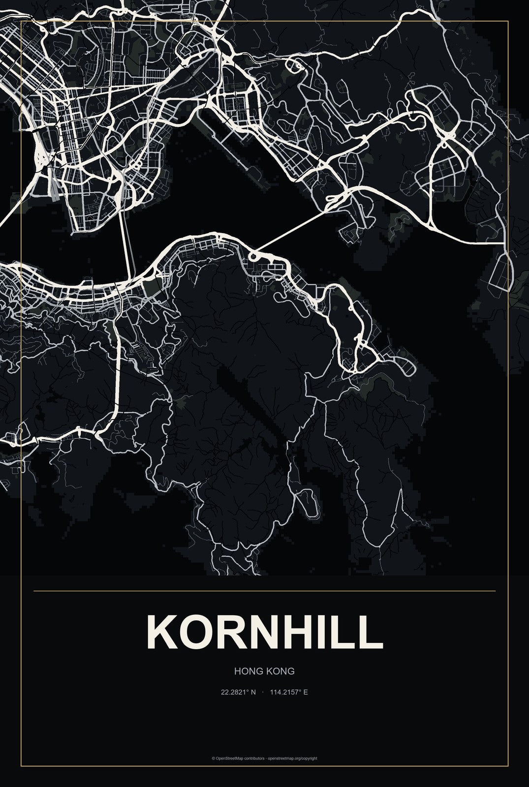 Kornhill, Hong Kong City Map Aluminum Sign in Metropolitan Noir style