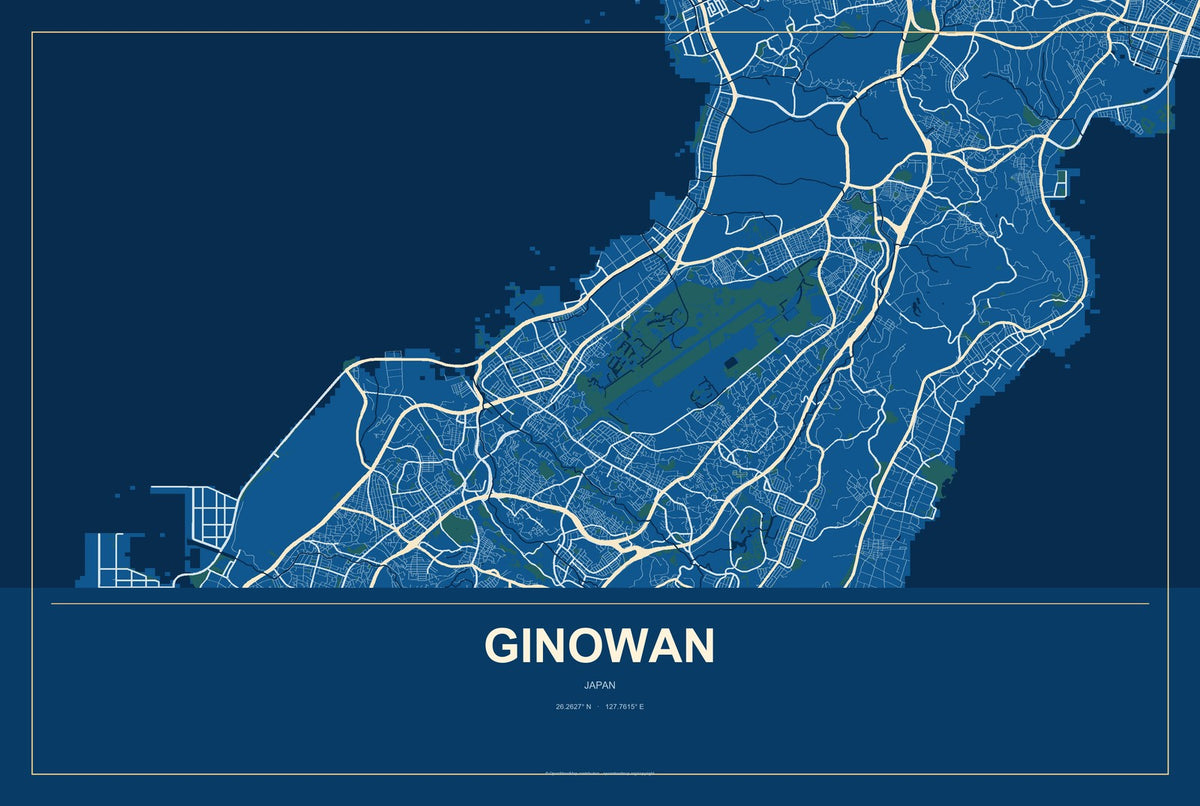 Ginowan, Japan City Map Aluminum Sign in Harbor Cobalt style