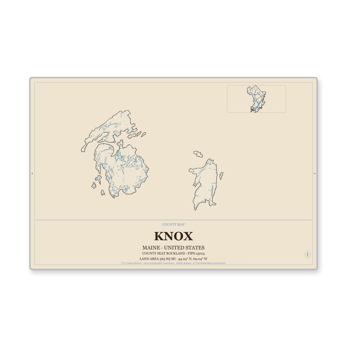 Knox County, Maine Map Aluminum Sign in Heritage Nautical style