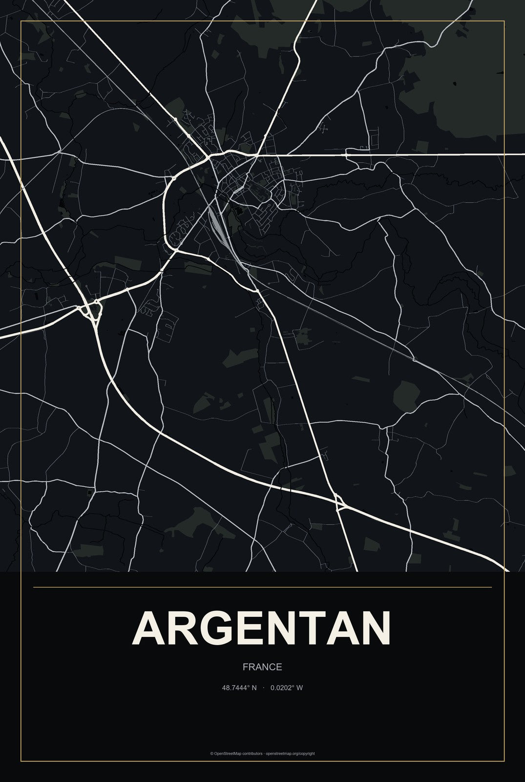 Argentan, France City Map Aluminum Sign in Metropolitan Noir style