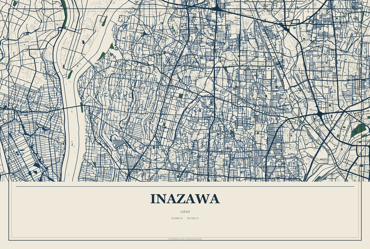 Inazawa, Japan City Map Aluminum Sign in Coastal Cutout style