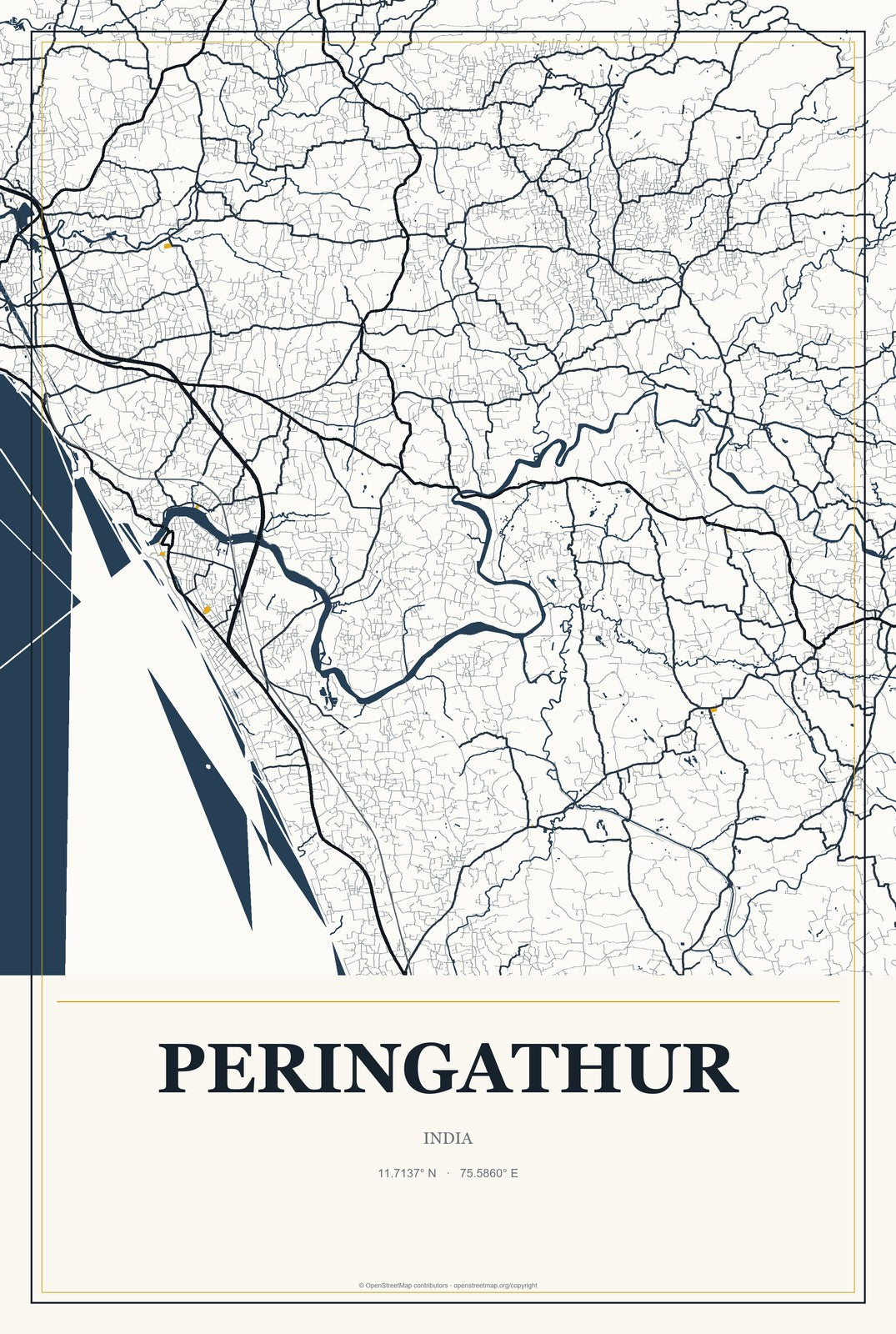 Peringathur, India City Map Aluminum Sign in Citrine Modern style