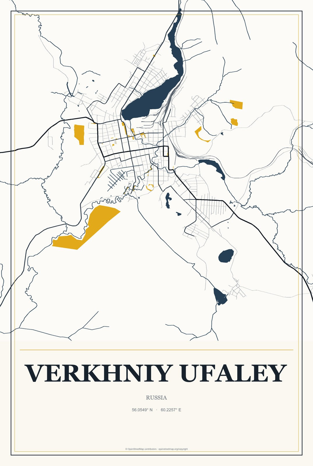 Verkhniy Ufaley, Russia City Map Aluminum Sign in Citrine Modern style