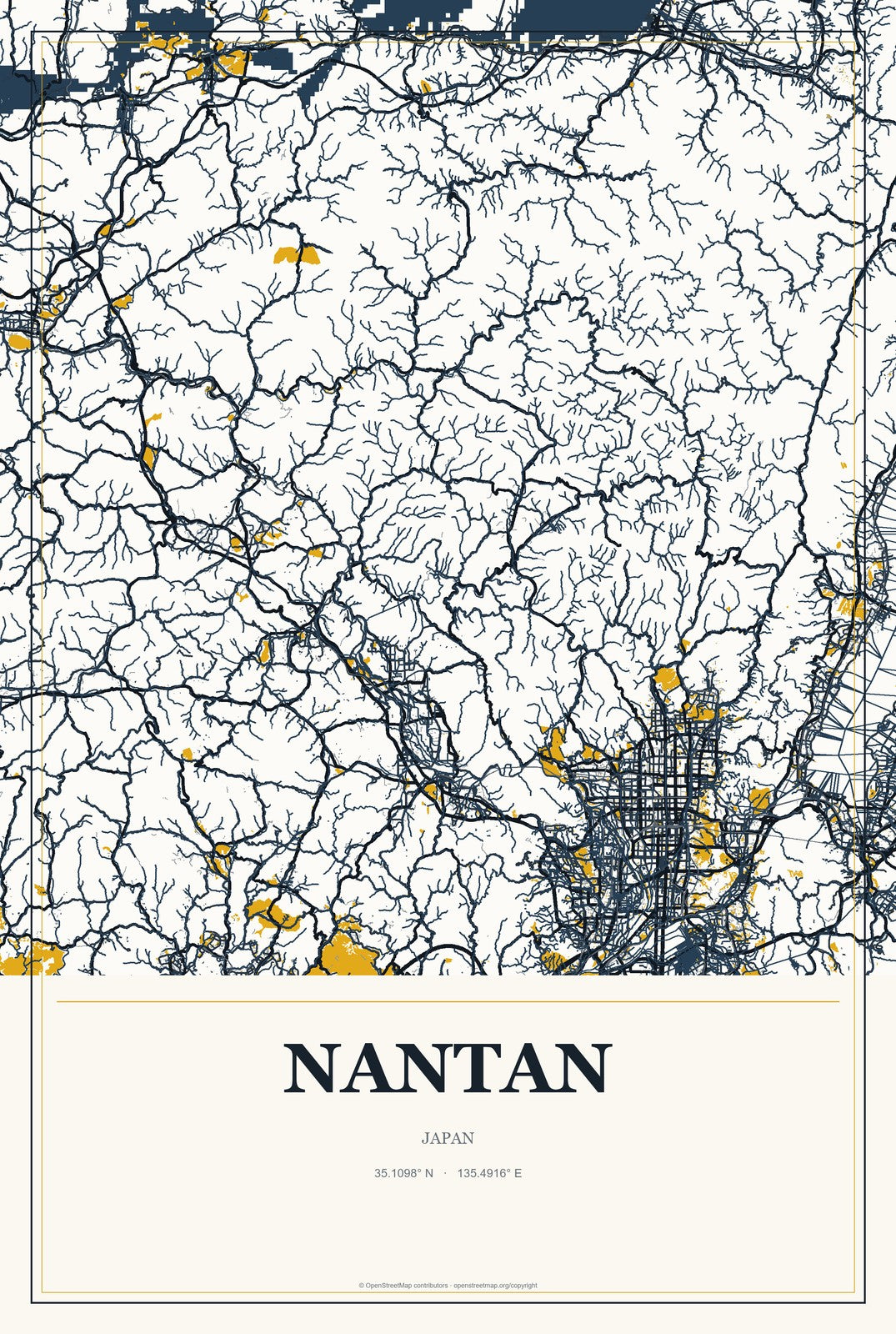 Nantan, Japan City Map Aluminum Sign in Citrine Modern style