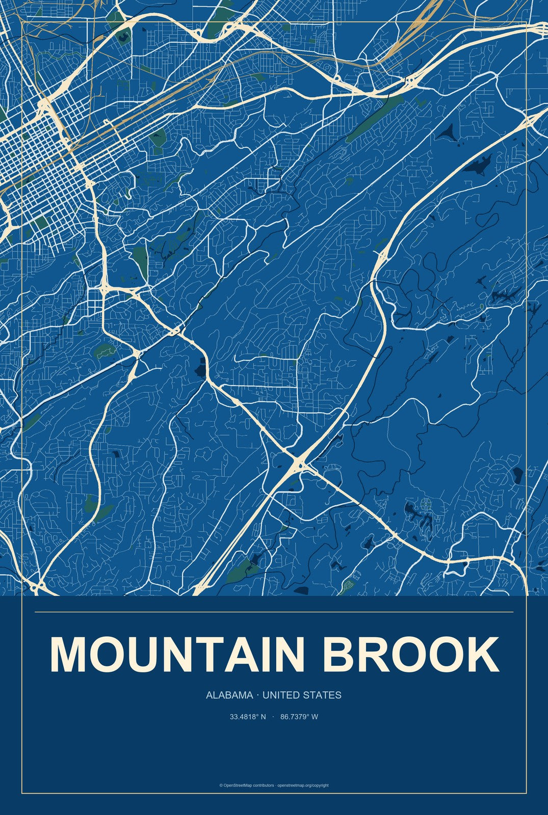 Mountain Brook, Alabama City Map Aluminum Sign in Harbor Cobalt style