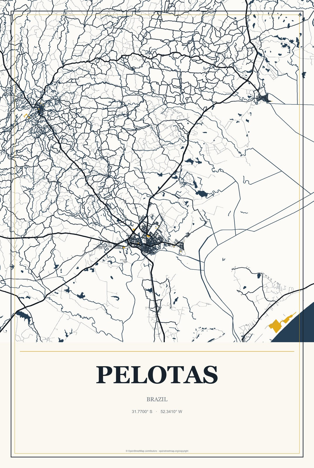 Pelotas, Brazil City Map Aluminum Sign in Citrine Modern style
