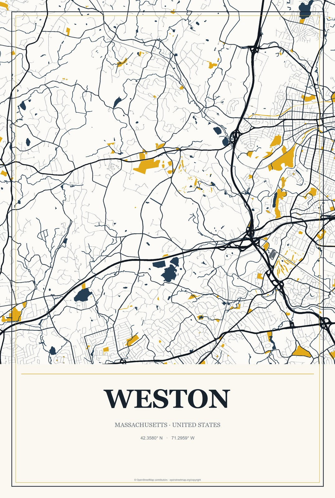 Weston, Massachusetts City Map Aluminum Sign in Citrine Modern style
