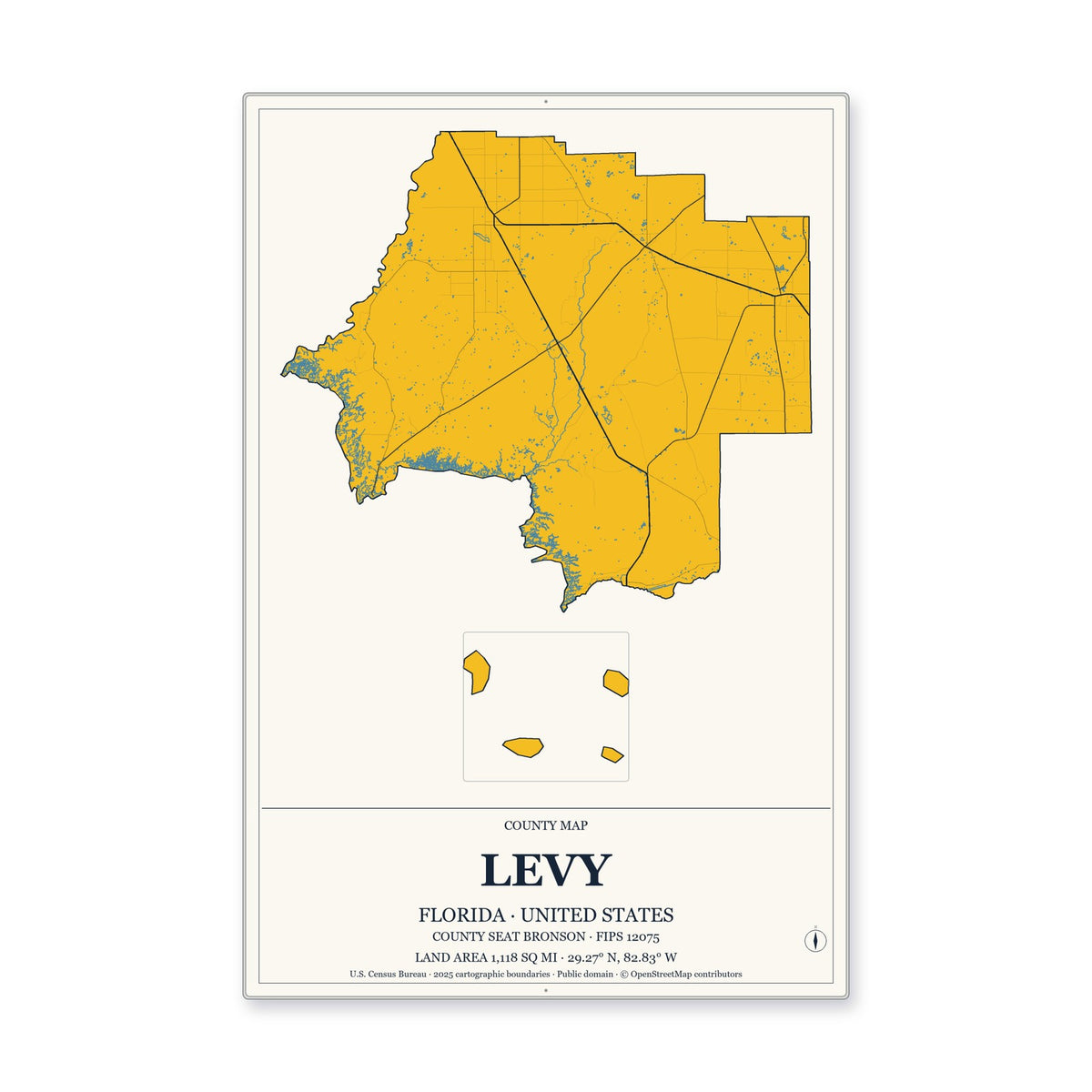 Levy County, Florida Map Aluminum Sign in Citrine Modern style
