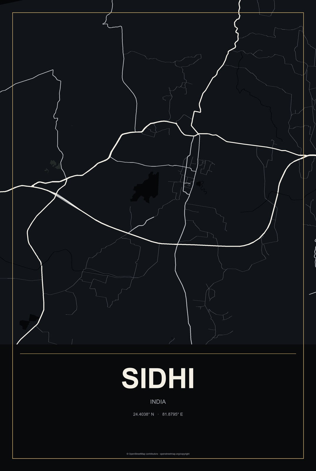 Sidhi, India City Map Aluminum Sign in Metropolitan Noir style