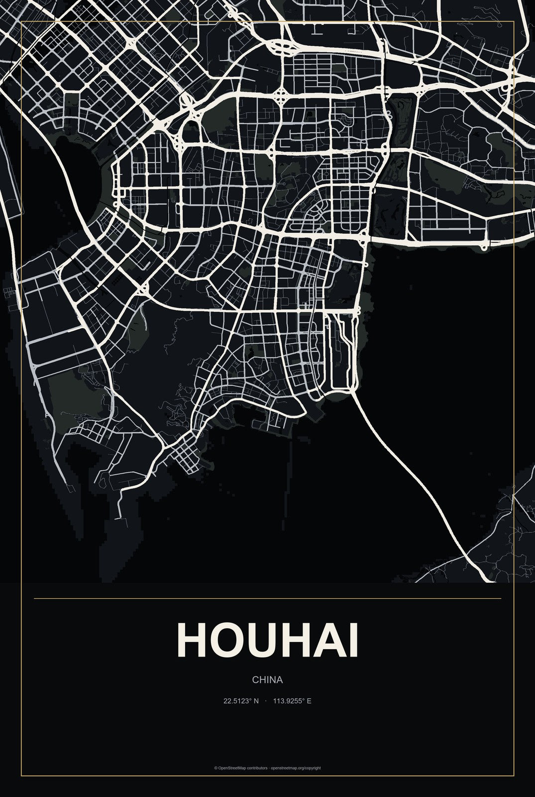 Houhai, China City Map Aluminum Sign in Metropolitan Noir style