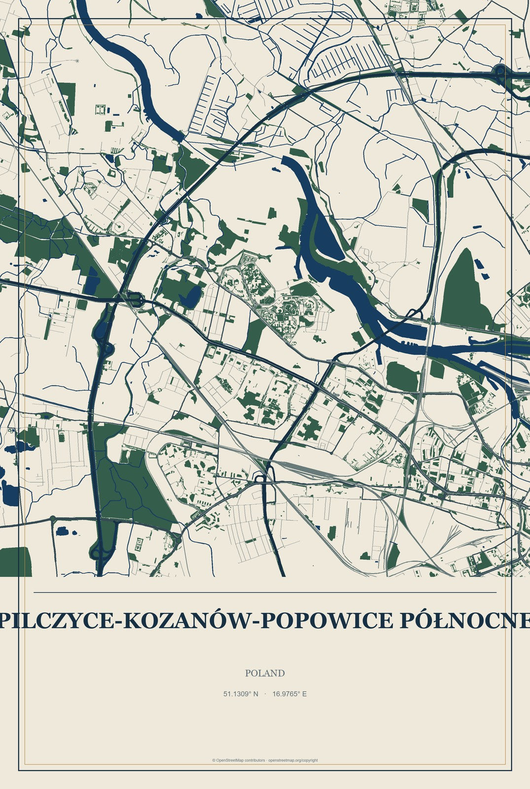 Pilczyce-Kozanów-Popowice Północne, Poland City Map Aluminum Sign in Coastal Cutout style