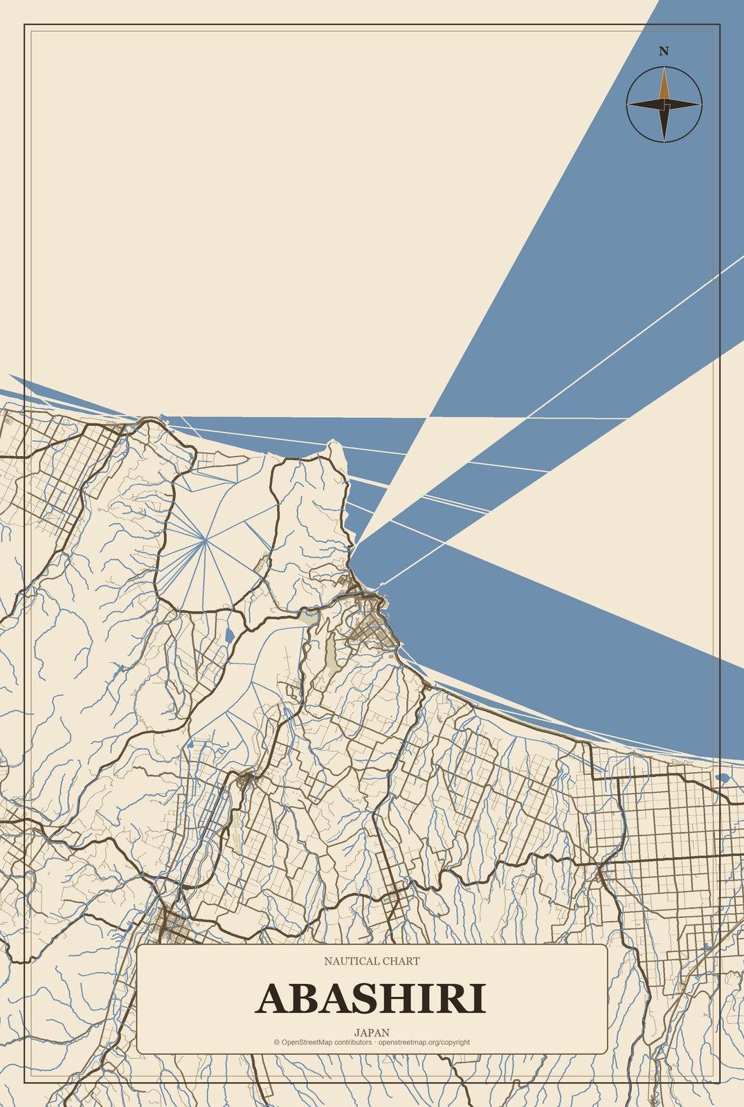 Abashiri, Japan City Map Aluminum Sign in Heritage Nautical style