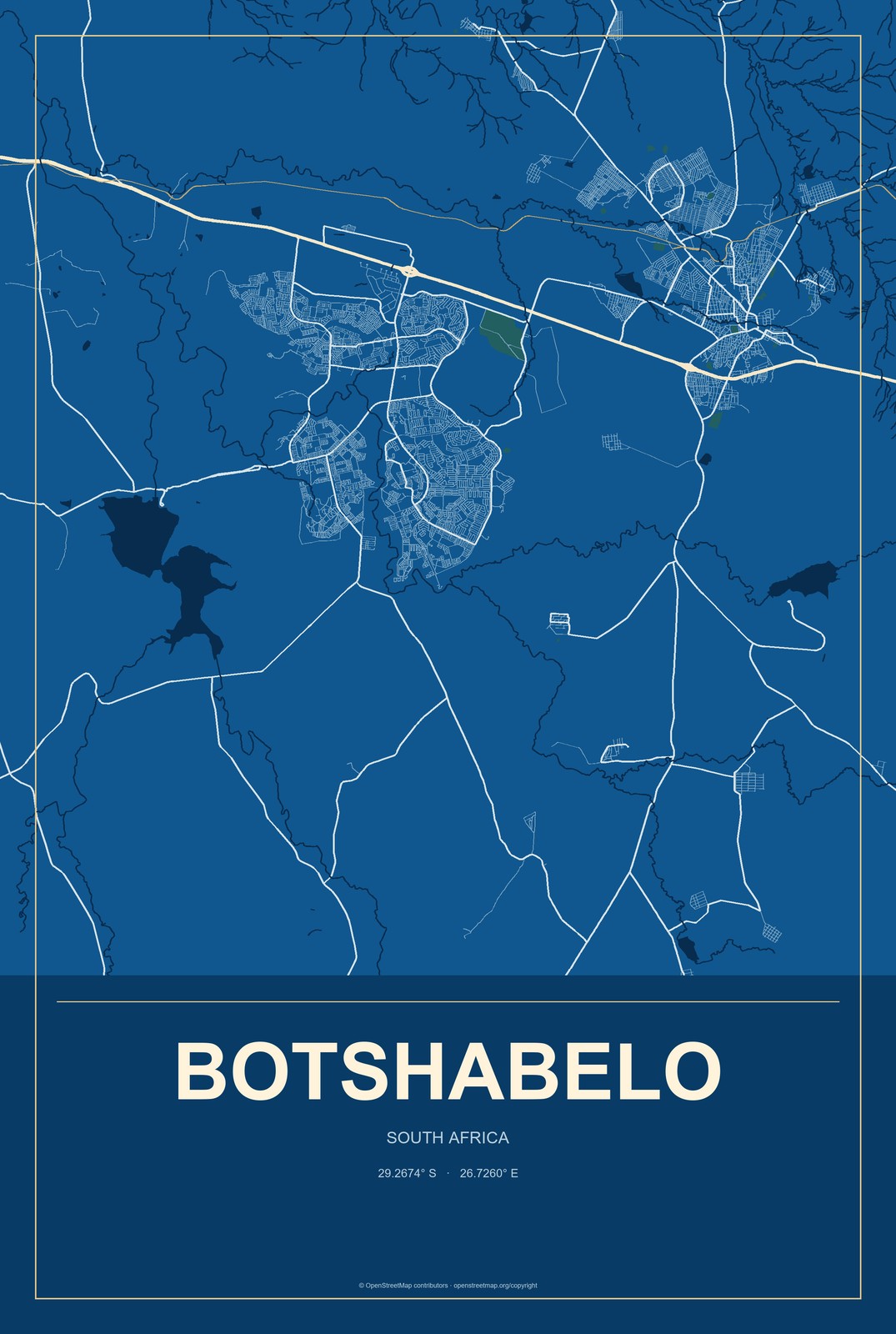 Botshabelo, South Africa City Map Aluminum Sign in Harbor Cobalt style