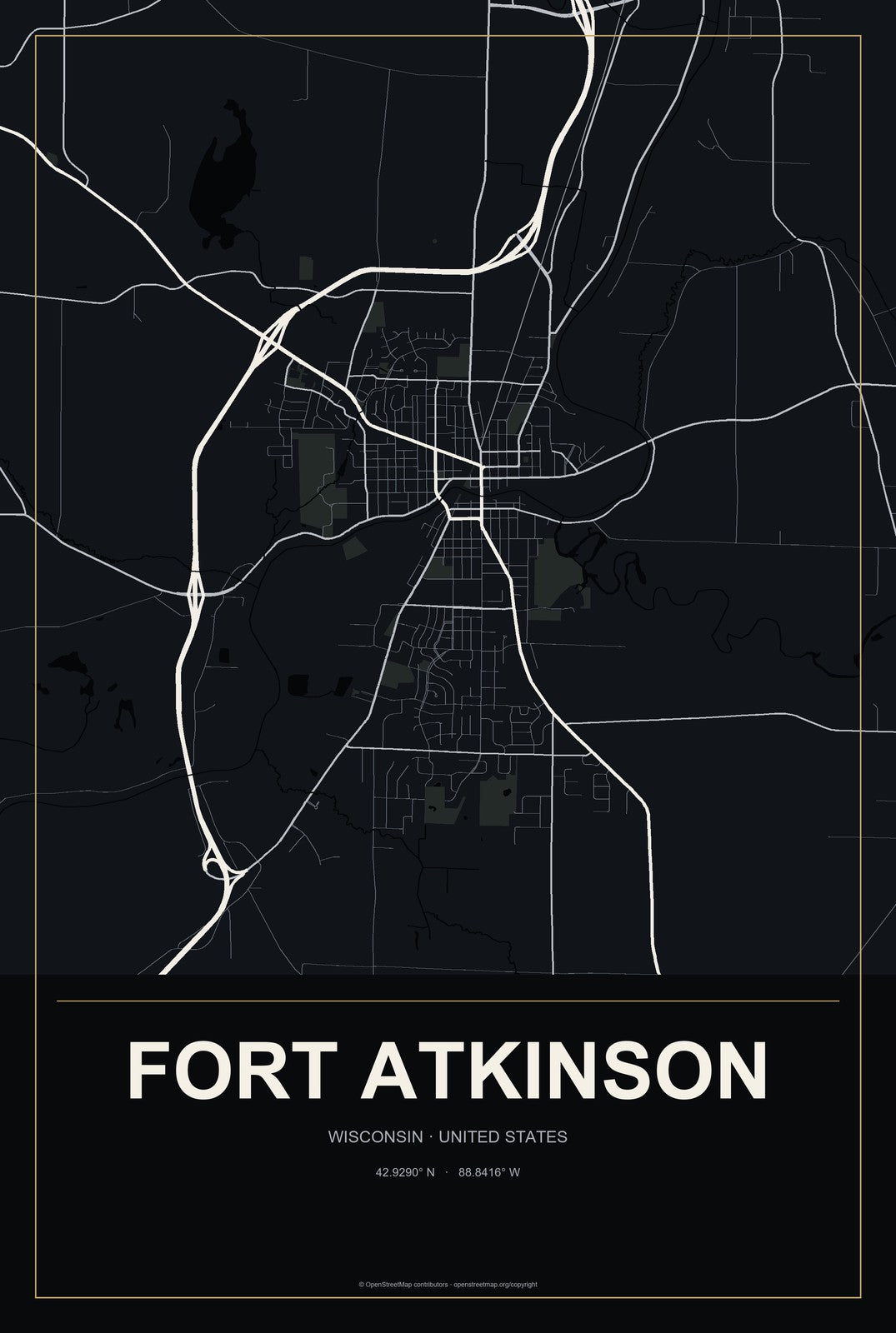 Fort Atkinson, Wisconsin City Map Aluminum Sign in Metropolitan Noir style