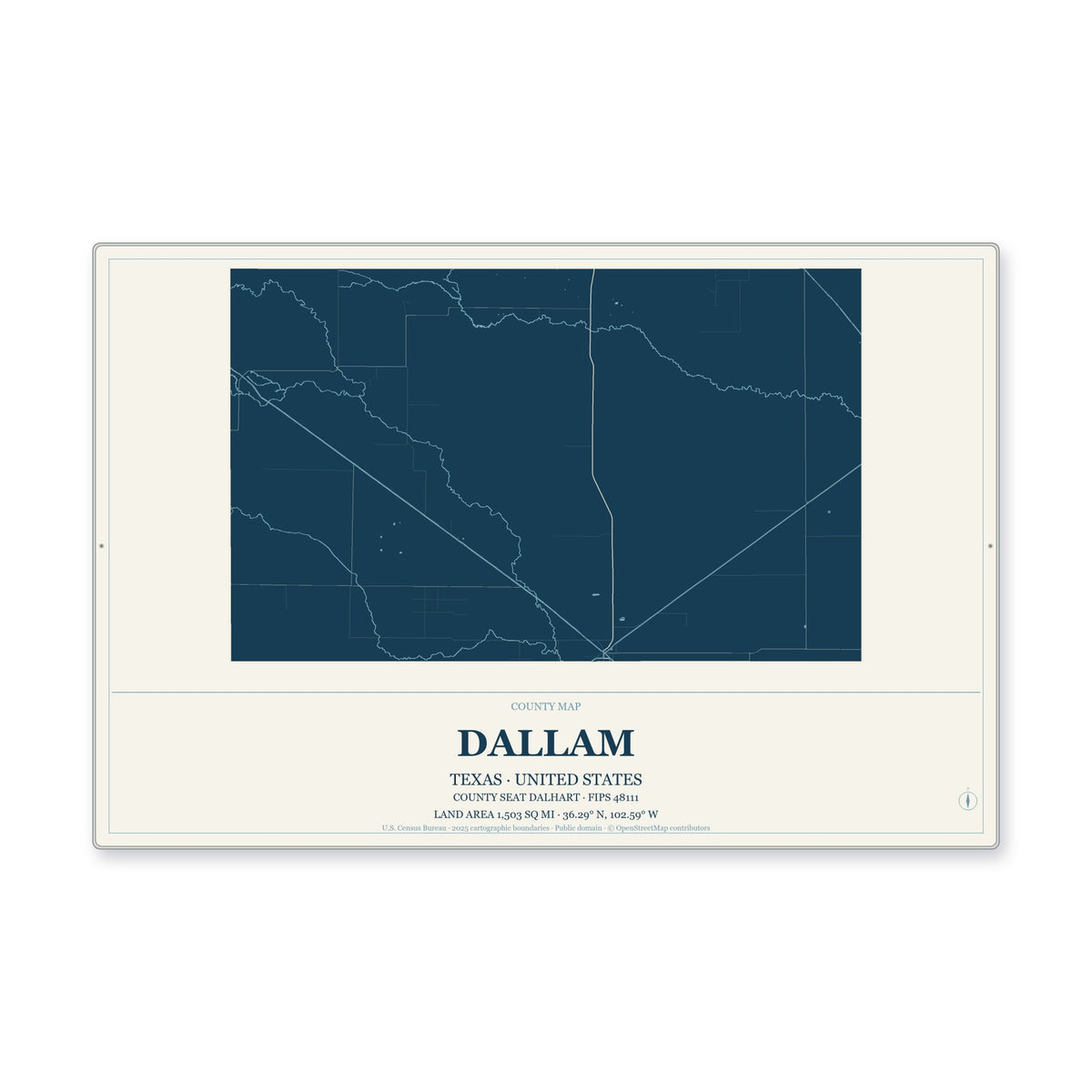 Dallam County, Texas Map Aluminum Sign in Coastal Cutout style
