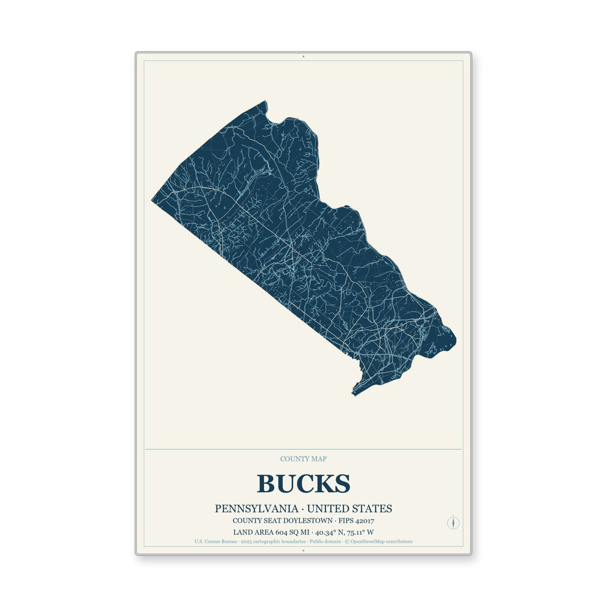 Bucks County, Pennsylvania Map Aluminum Sign in Coastal Cutout style