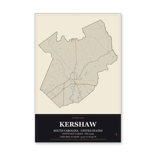Kershaw County, South Carolina Map Aluminum Sign in Museum Plaque style