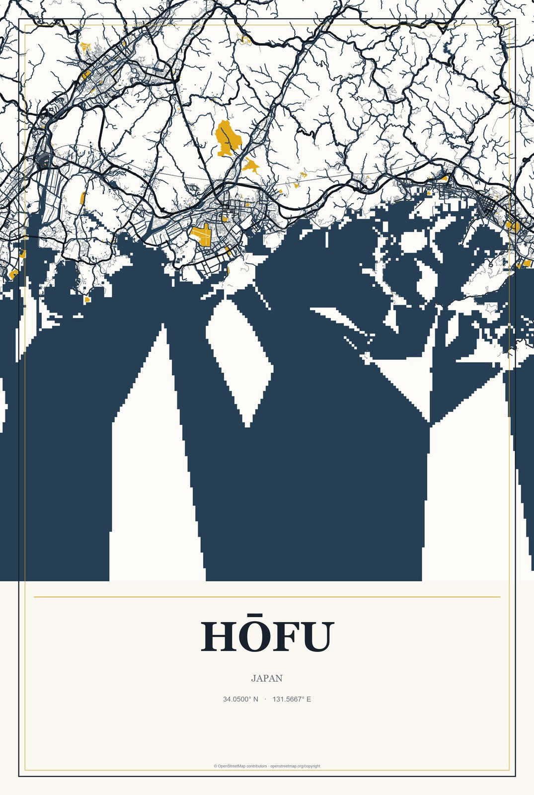 Hōfu, Japan City Map Aluminum Sign in Citrine Modern style