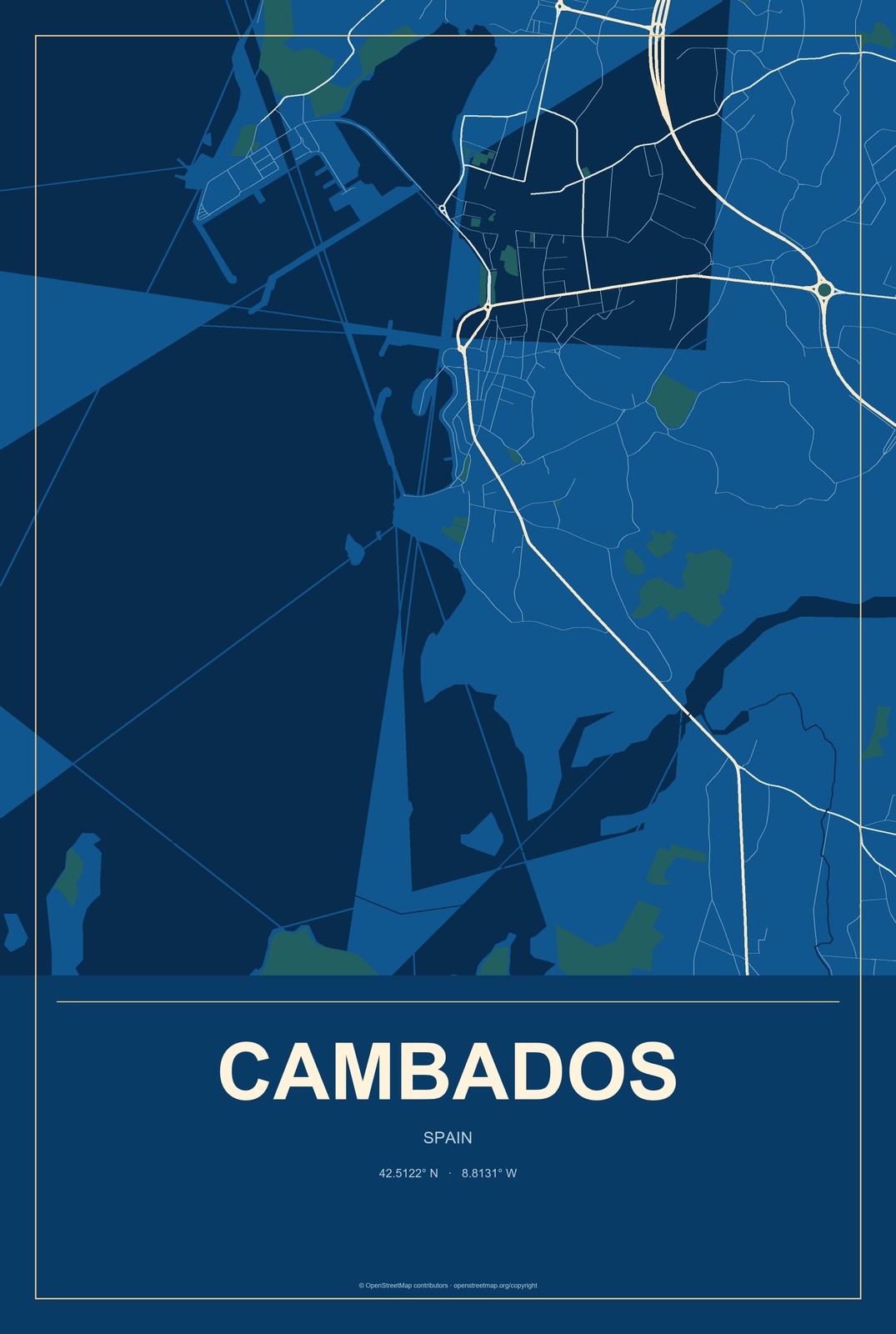 Cambados, Spain City Map Aluminum Sign in Harbor Cobalt style