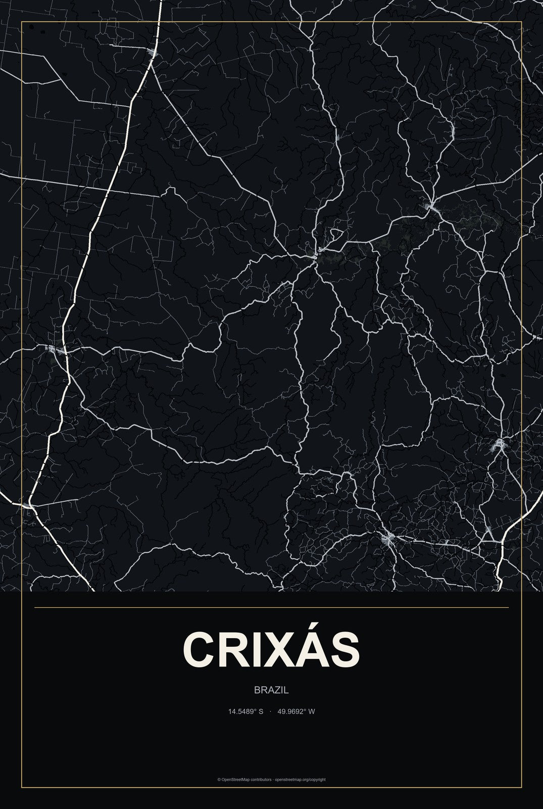 Crixás, Brazil City Map Aluminum Sign in Metropolitan Noir style