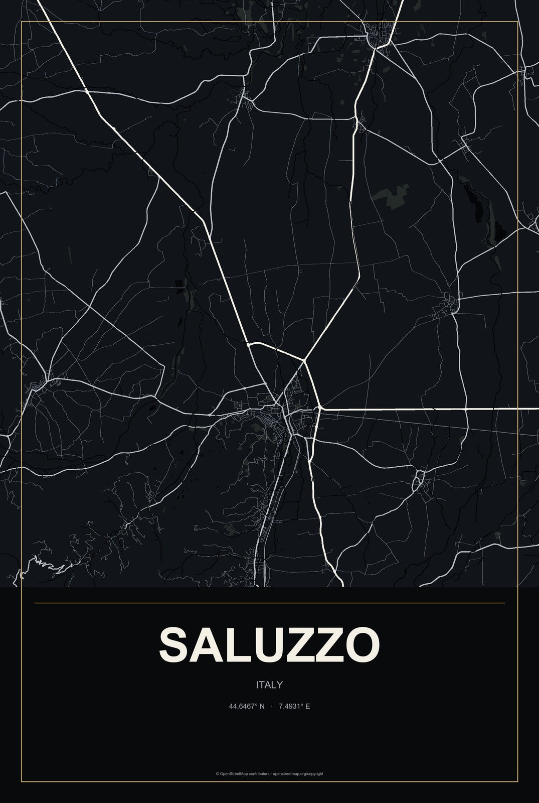 Saluzzo, Italy City Map Aluminum Sign in Metropolitan Noir style