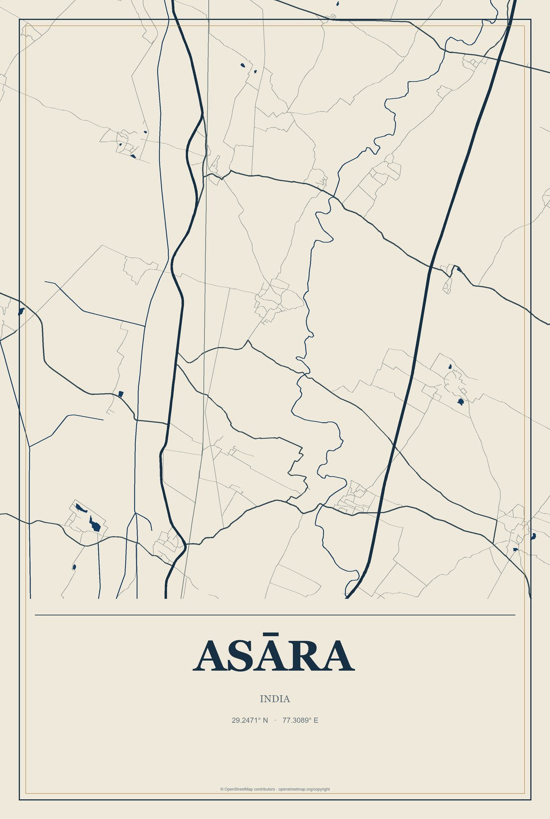 Asāra, India City Map Aluminum Sign in Coastal Cutout style